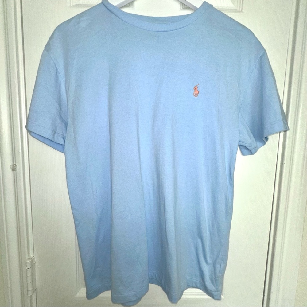 Polo by Ralph Lauren Men's Light Blue T-Shirt with Orange Horse Logo, Small